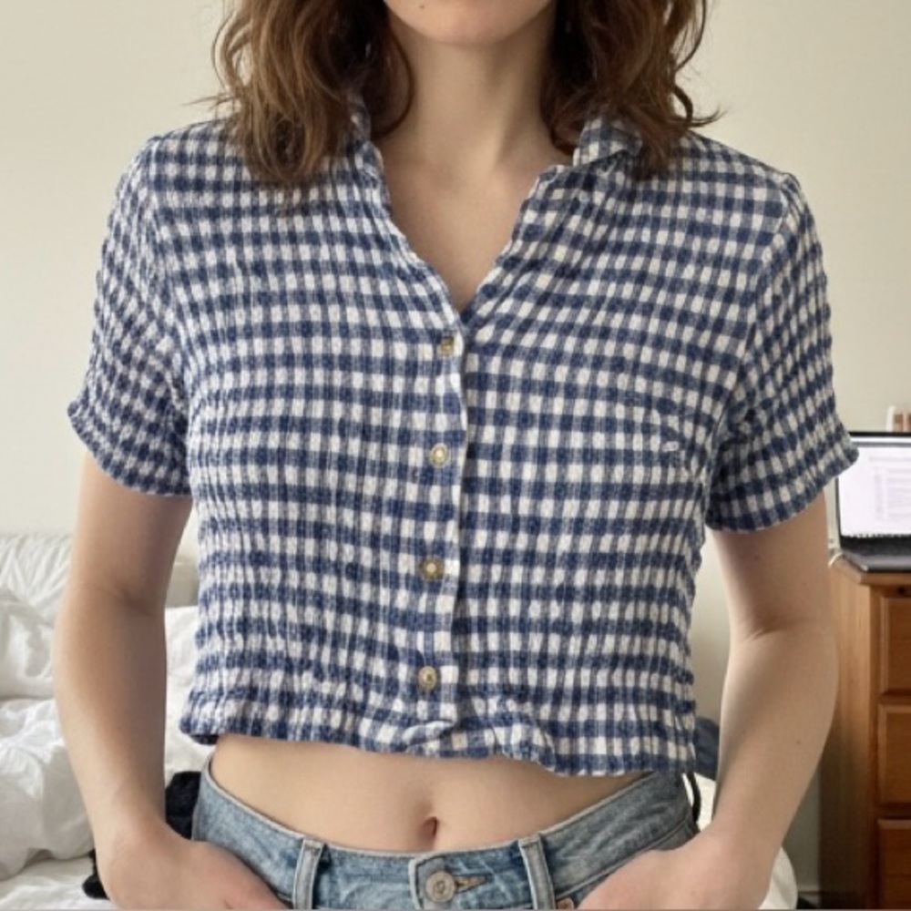 Lee Cooper Originals Vintage Blue and White Gingham Crinkle Effect Crop Top
